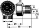 Winkel-Thermostatventil mit Außengewinde, hergestellt von IMI Hydronic Engineering. Abgebildet sind relevante Maße und Anschlussdetails.